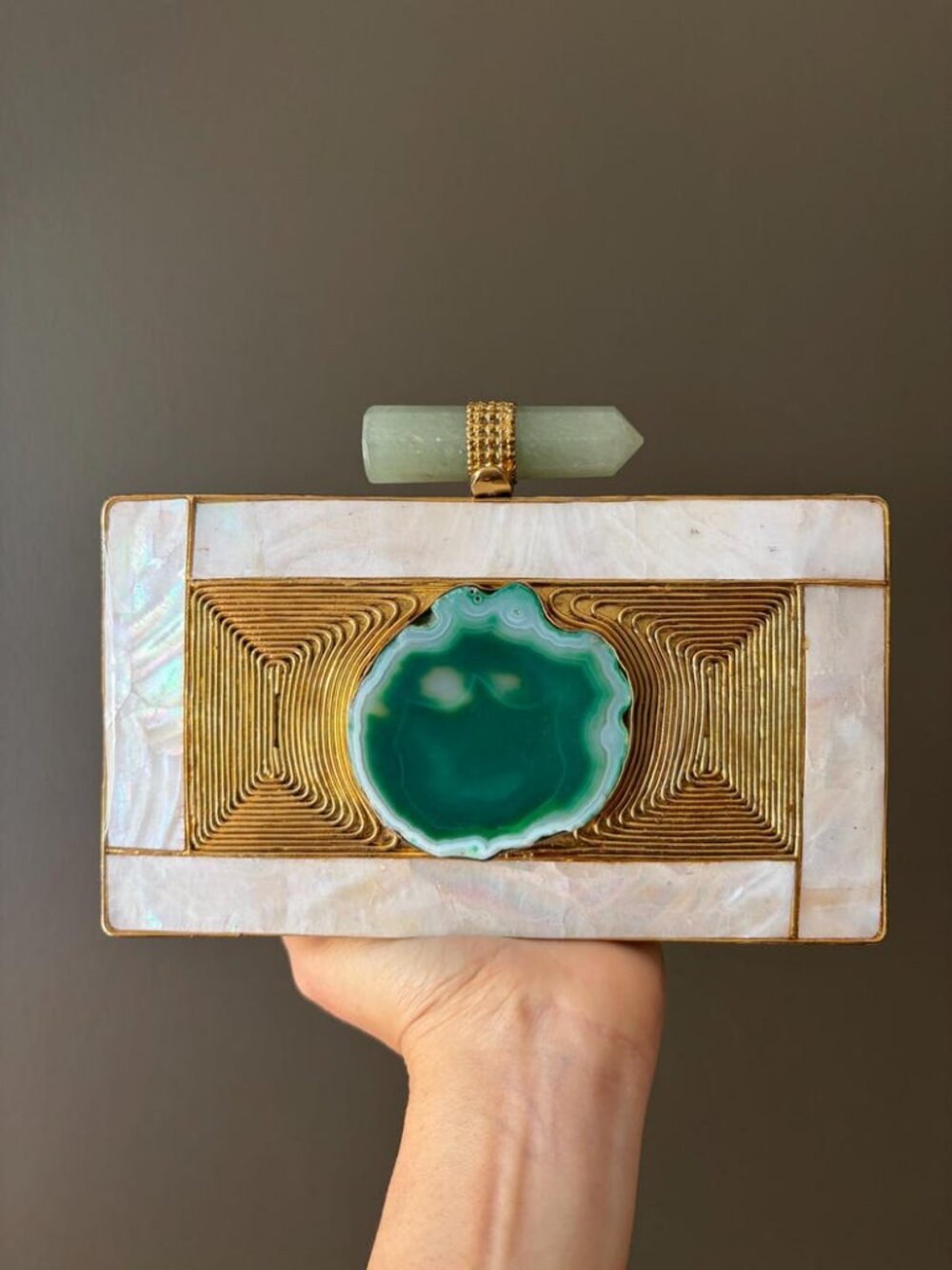 Brand New Mother of Pearl Clutch w/ Green Agate Stone & Gold Chain